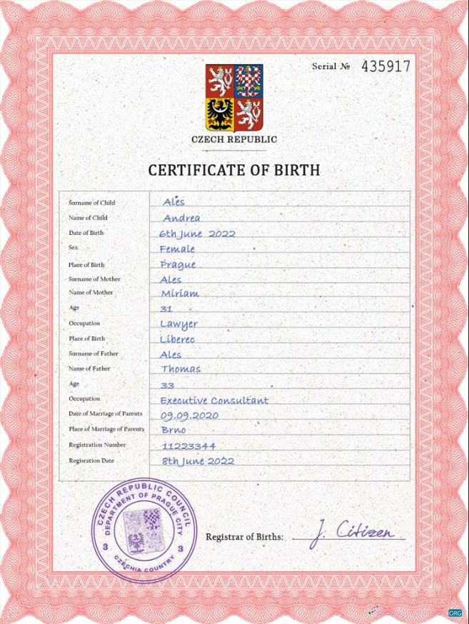 Download Czechia vital record birth certificate PSD template Photoshop template